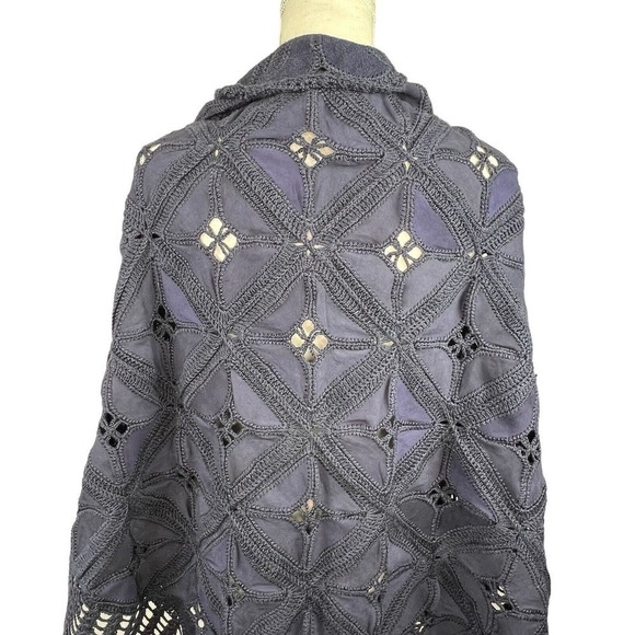 Vintage Navy Blue Leather Suede Crochet Patchwork Fringe Shawl Wrap - Picture 9 of 12